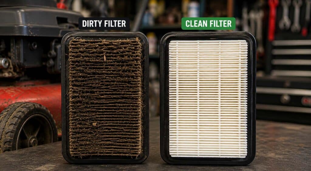 Dirty lawn mower air filter next to a clean replacement filter showing airflow restriction and maintenance needs