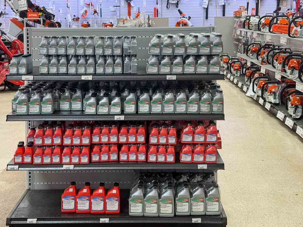 Fuel stabilizer products for lawn mowers and small engines on display at George's Paint & Hardware