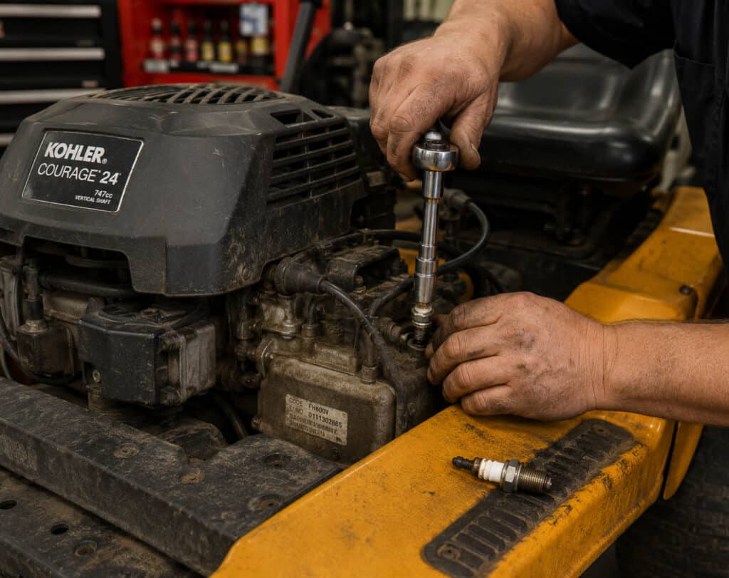 Mechanic removing a spark plug from a riding lawn mower engine during routine maintenance