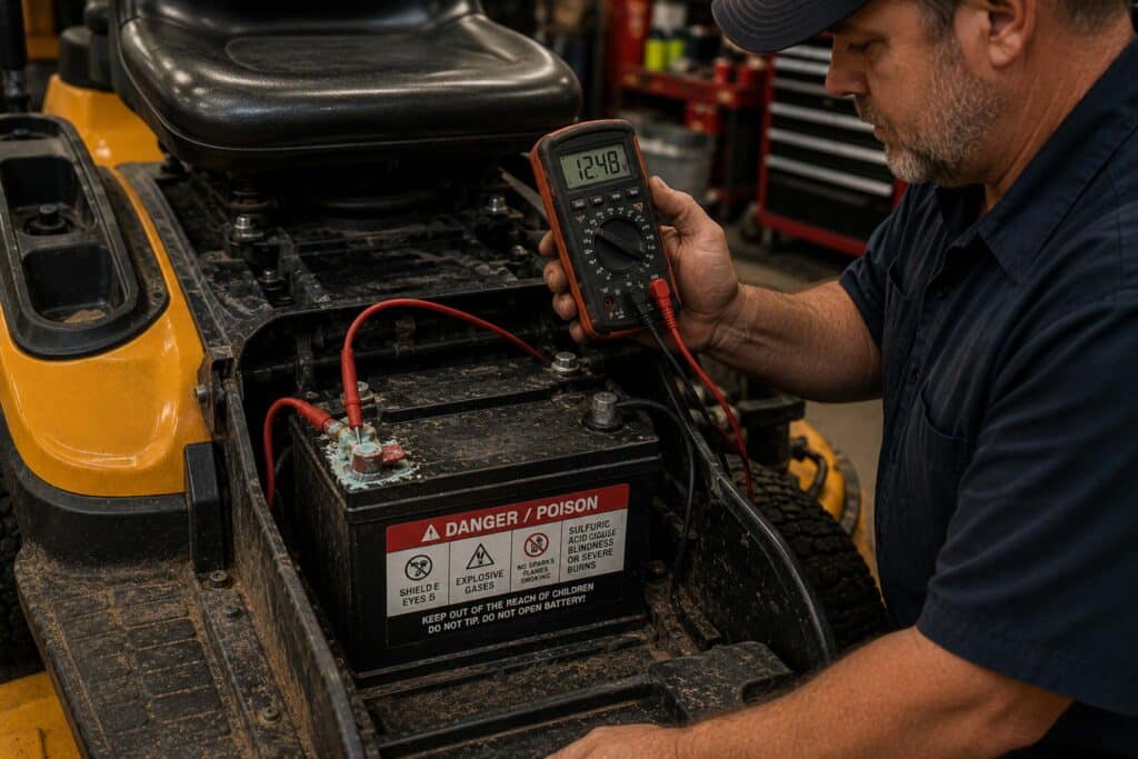 Mechanic testing a riding lawn mower battery with visible terminal corrosion using a multimeter