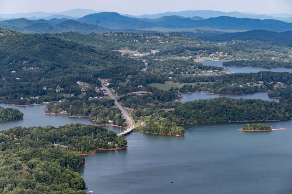Aerial view of Lake Chatuge in Western North Carolina during summer