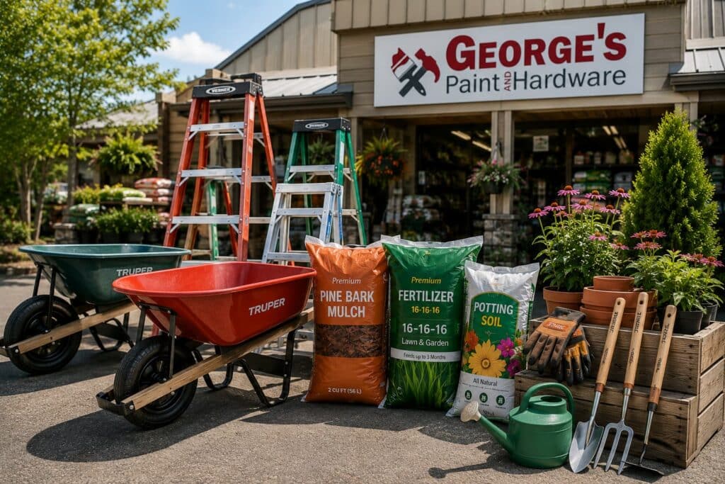 Wheelbarrows, fertilizer, mulch, potting soil, gloves, and garden tools outside George's Paint & Hardware