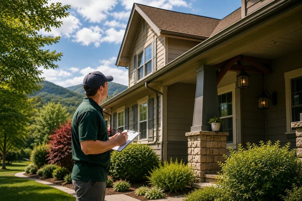 Inspecting a mountain home exterior, gutters, porch, and roof after spring storms