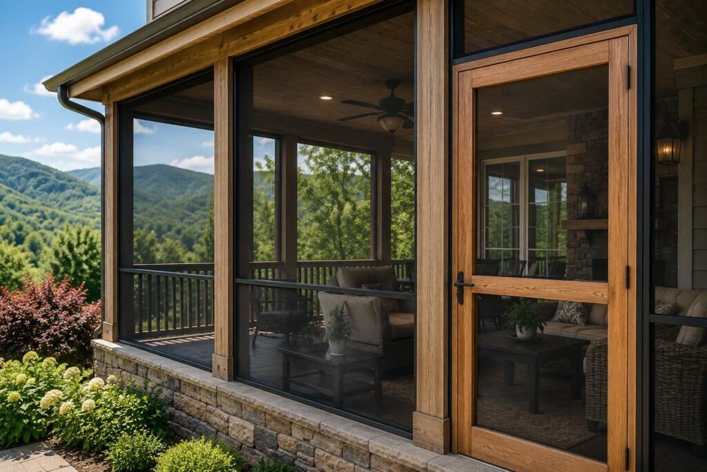 Screened porch with new window screens overlooking the North Georgia and Western North Carolina mountains