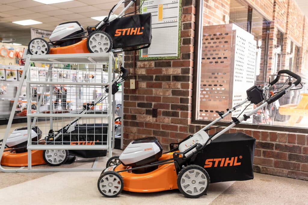STIHL lawn mowers on display at George's Paint & Hardware in Hayesville, NC and Blairsville, GA.
