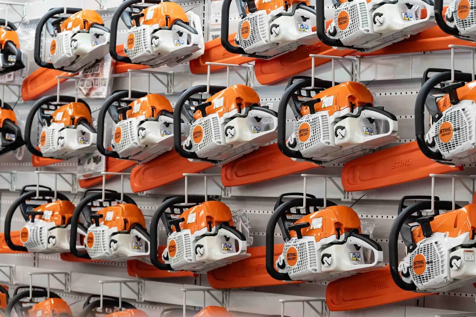 Rows of STIHL chainsaws displayed at George’s Paint & Hardware in Hayesville, North Carolina